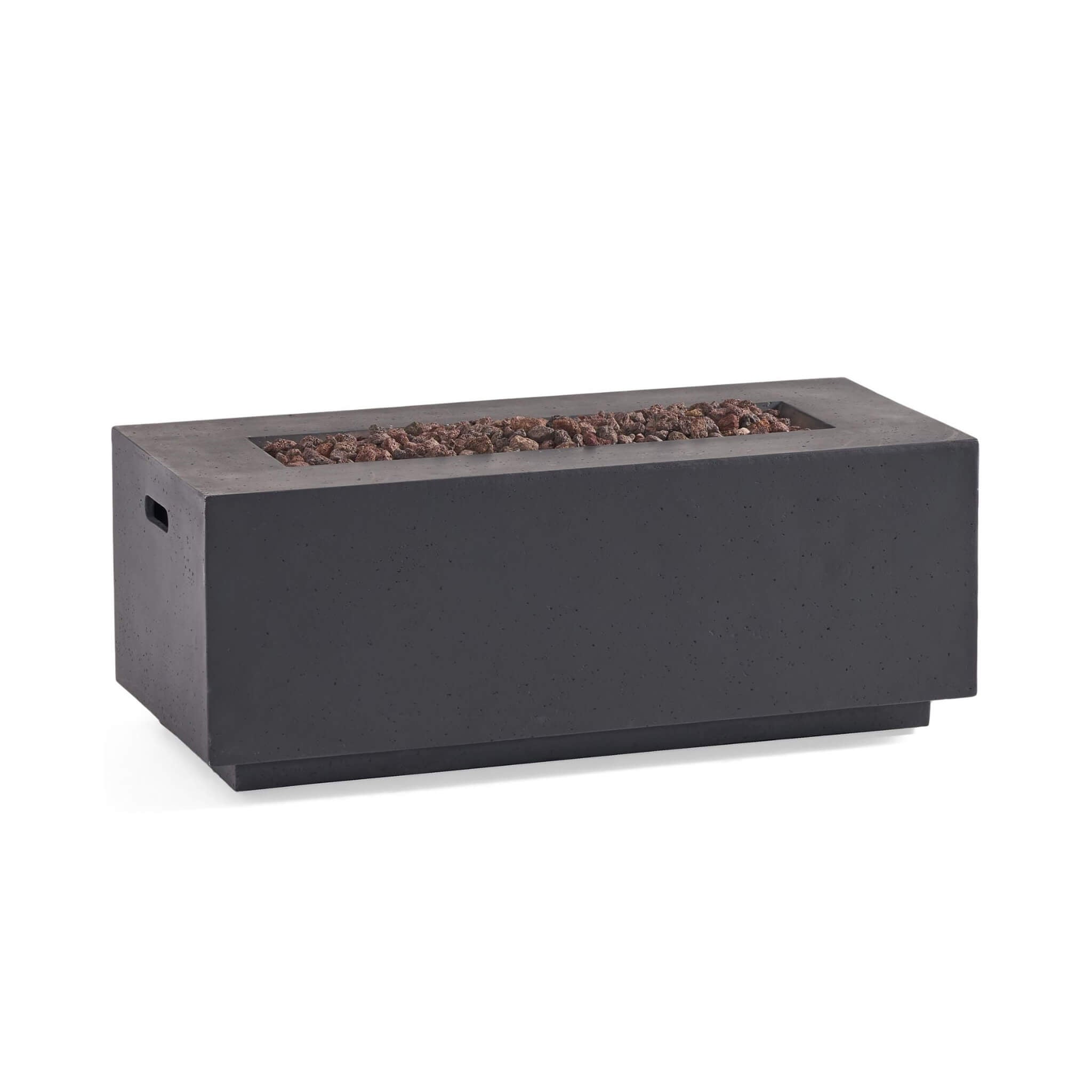 Side view of Alora Premium rectangular propane gas fire pit table with 40K BTU, designed for contemporary outdoor spaces.