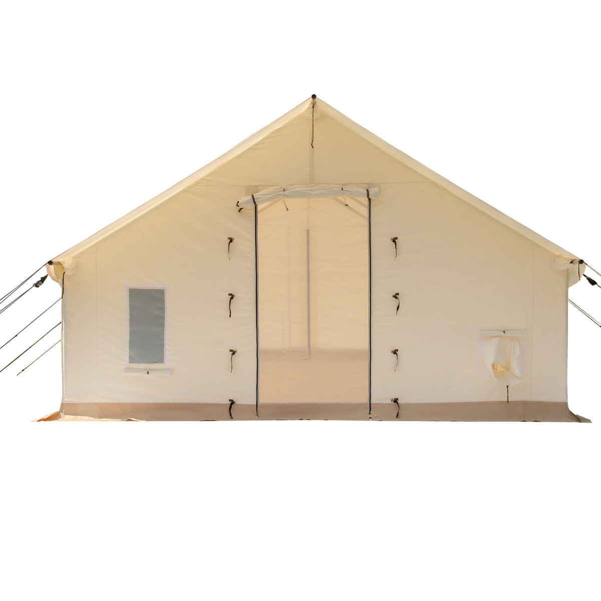 Alpha Pro Wall Tent by White Duck Outdoors with rear door open, showcasing durable fabric and spacious interior for camping.