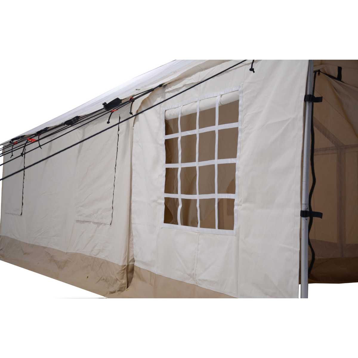 Close-up of White Duck Outdoors Alpha Wall Tent Canvas Porch showing durable fabric and tent wall details.