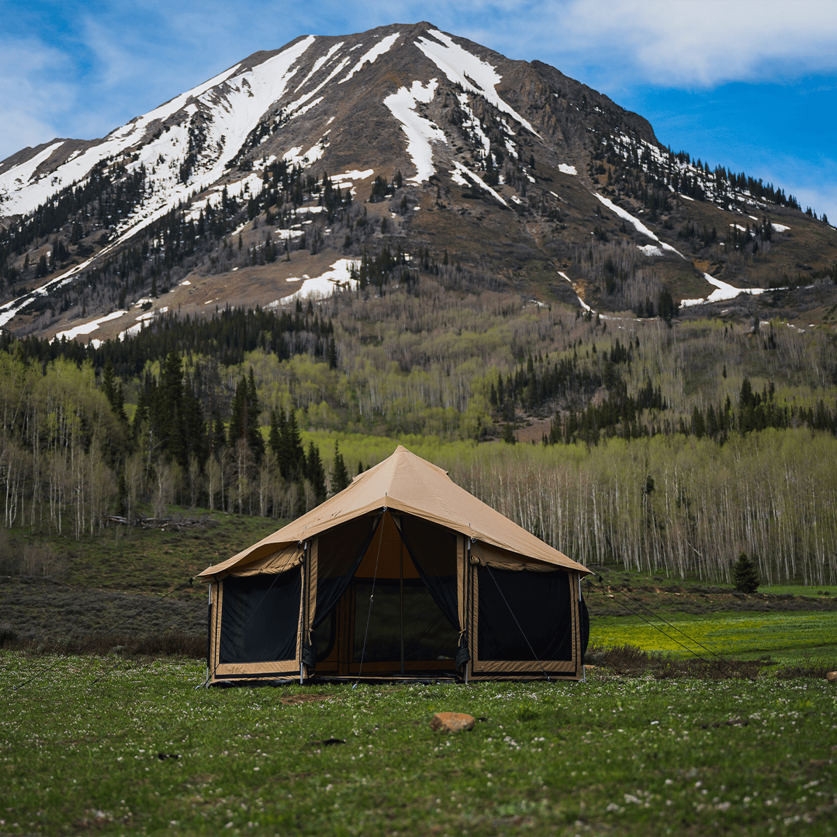 White Duck Outdoors Altimus Bell Tent set up outdoors in front of a mountain landscape, showcasing its spacious and durable design.