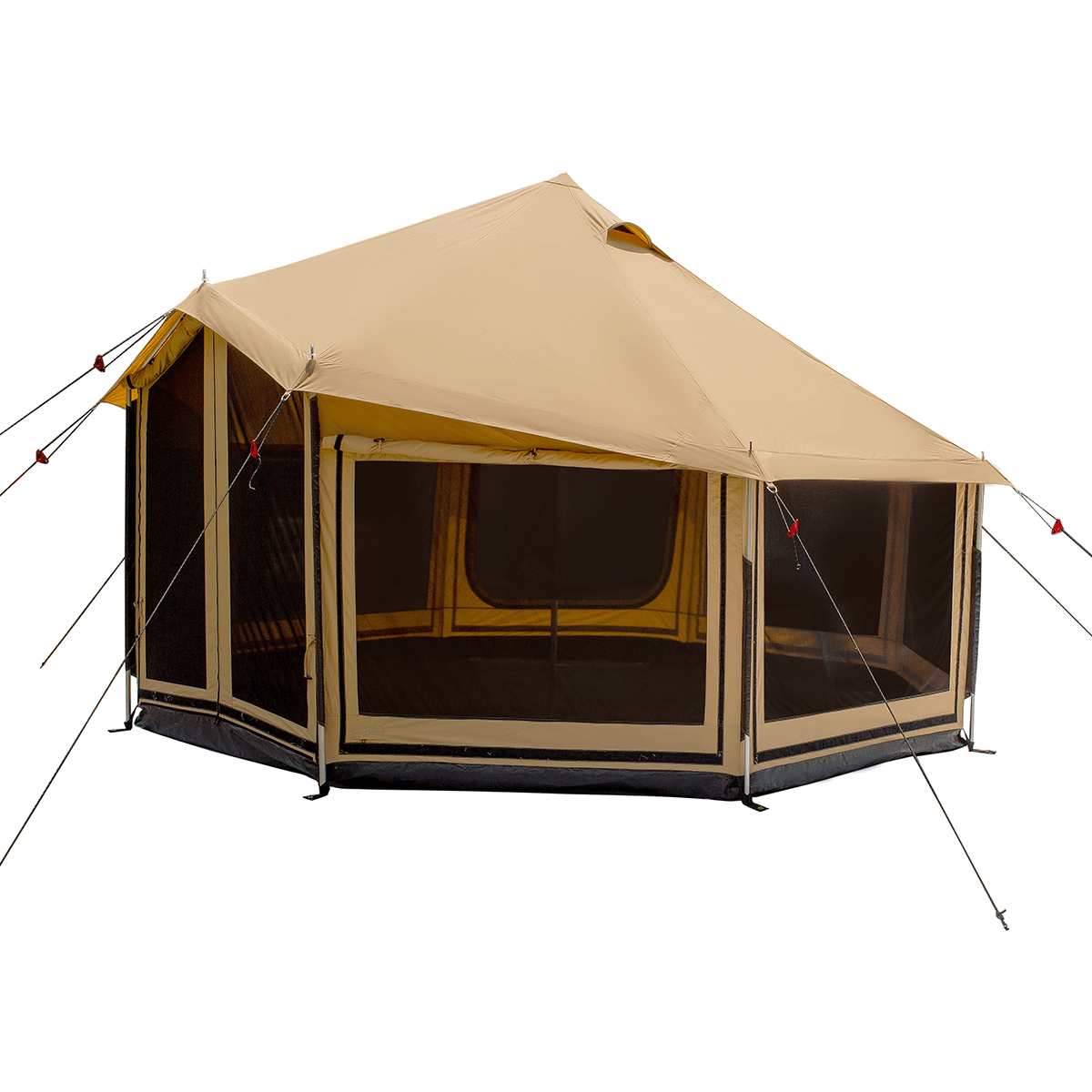 White Duck Outdoors Altimus Bell Tent side profile with open flaps, showcasing its spacious design and durable canvas construction.