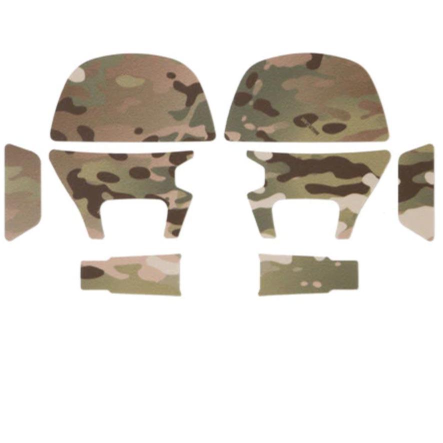 HCC Tactical AMP MultiCam Skin Sets for hearing protection and communication, shown with communication cables and padding.