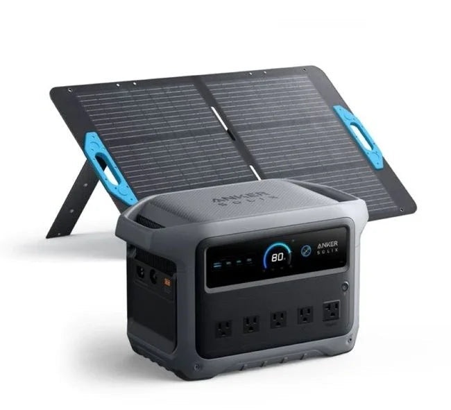 Green Vista Living Anker SOLIX C1000 Gen2 portable solar generator with 100W solar panel, compact and lightweight for outdoor power.