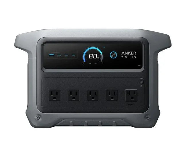 Green Vista Living Anker SOLIX C1000 Gen2 portable solar generator with 200W solar panel, shown with multiple ports and digital display.
