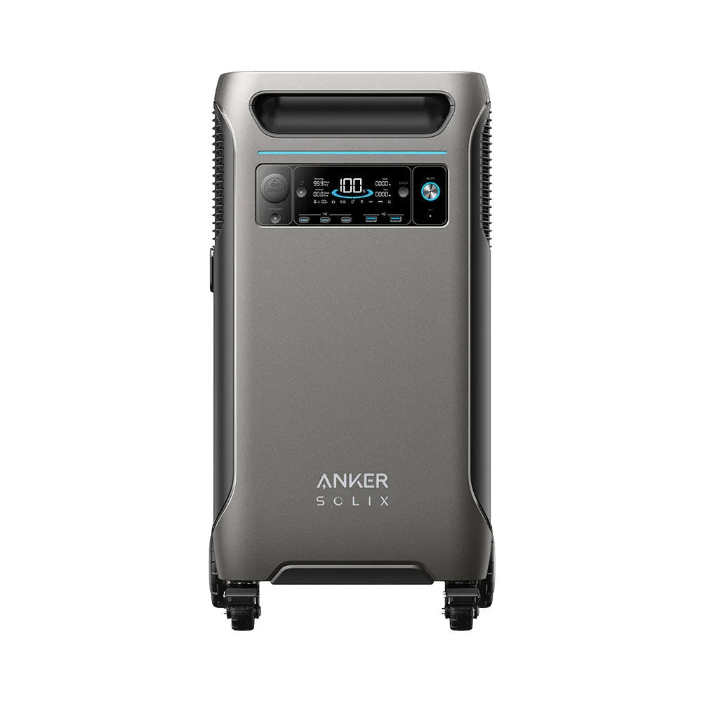 Front view of Green Vista Living Anker SOLIX F3800 Solar Generator Kit showing the device with multiple ports and solar input panels.