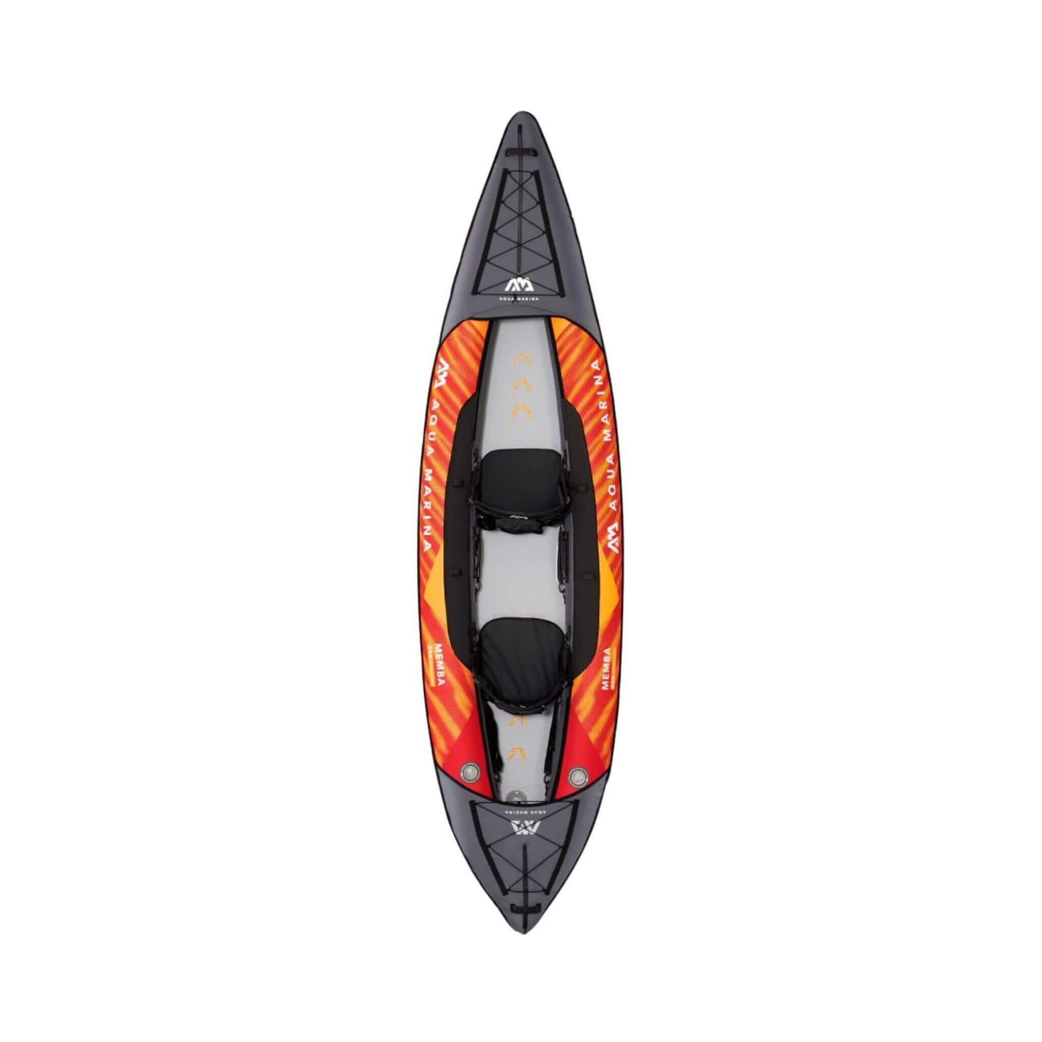 Top view of Aqua Marina Memba 390 Premium 12ft touring kayak with DWF deck and paddles, designed for two-person kayaking.