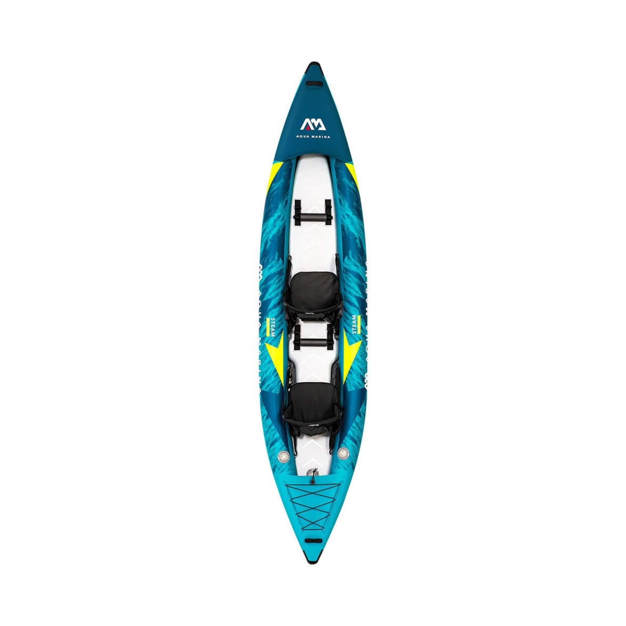 Top view of Aqua Marina Steam 412 14ft 2-person premium kayak with DWF deck, brand SAKSBY WHOLESALE, paddle not included.
