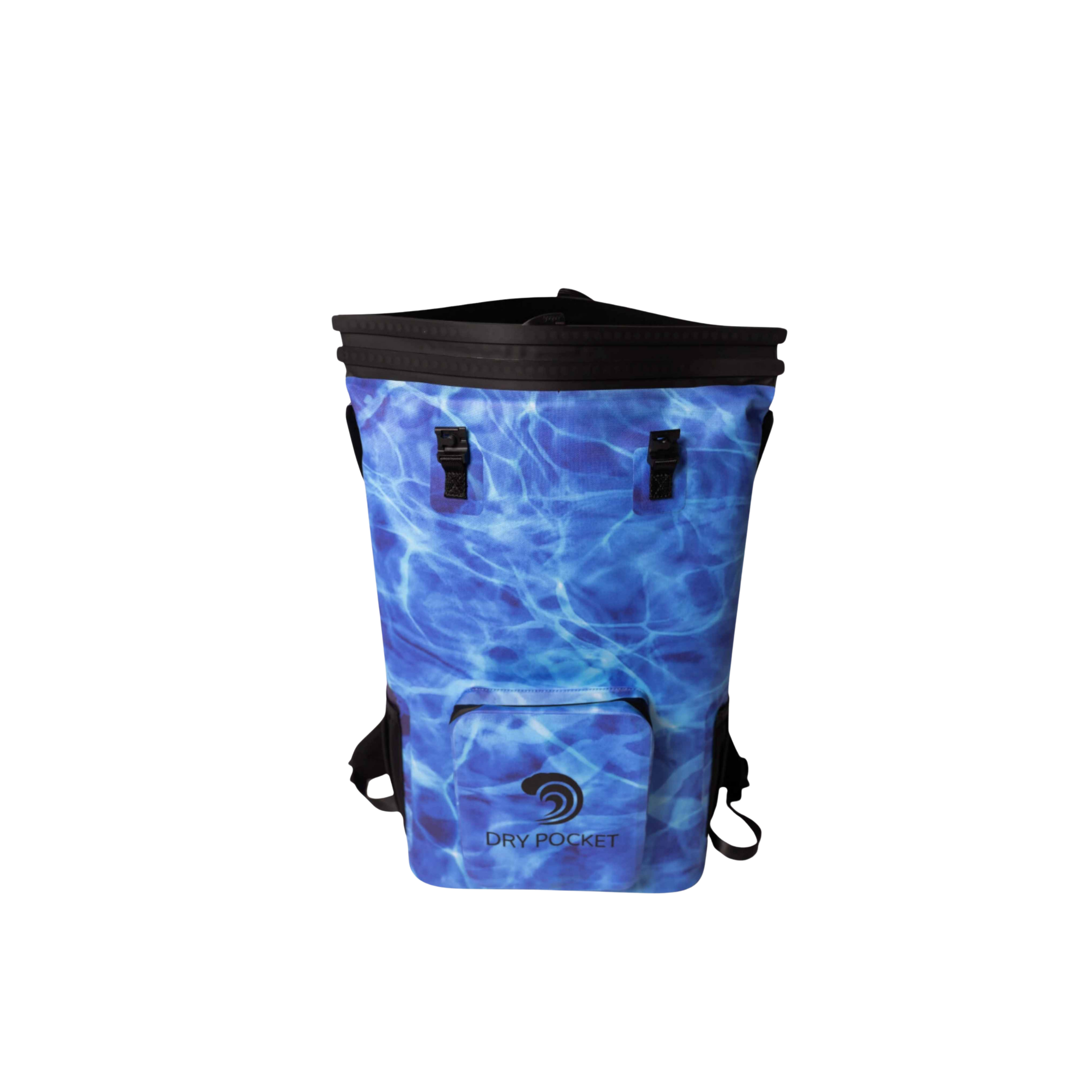 Aqua blue Dry Pocket waterproof floating backpack cooler showing its durable design and adjustable straps.