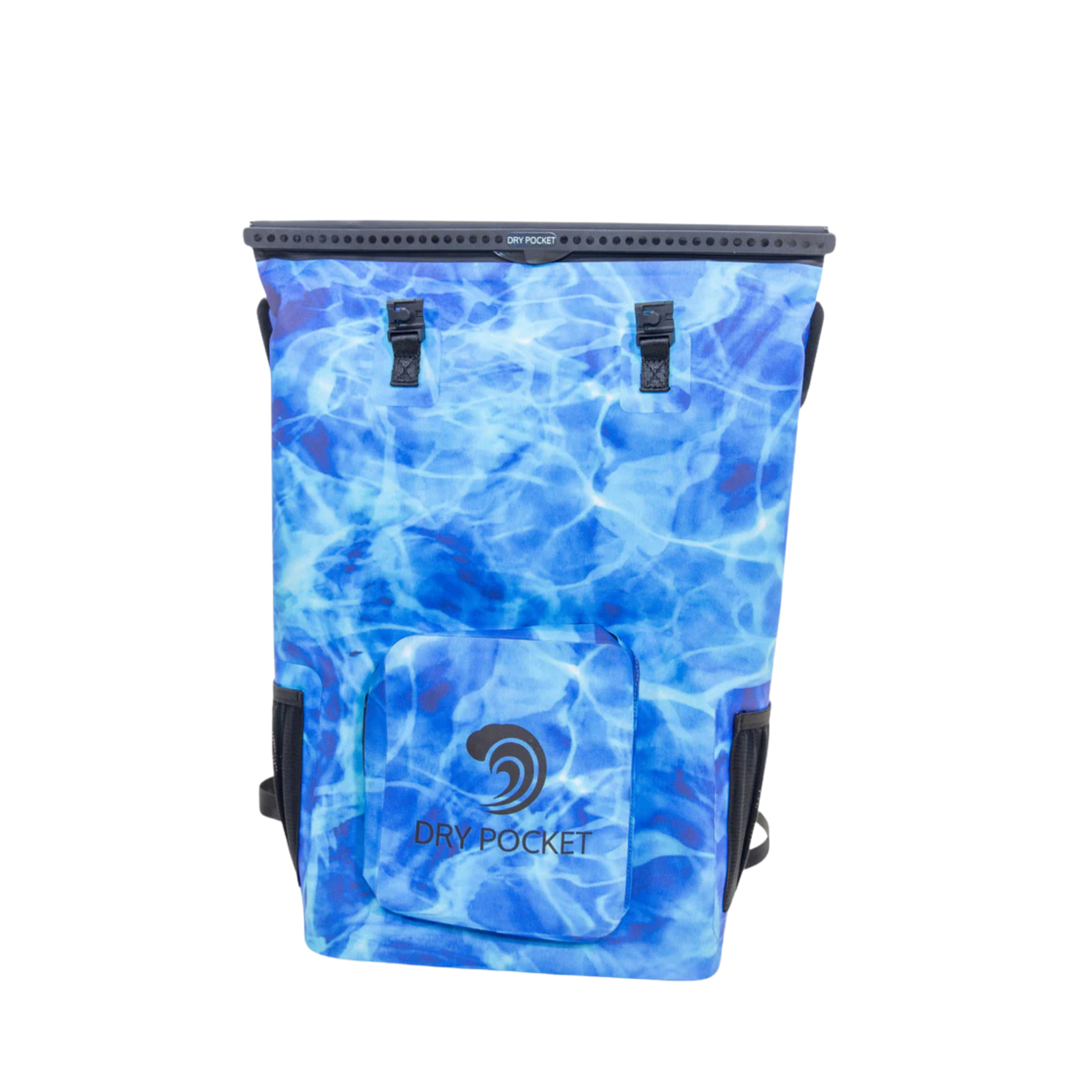 Aqua blue Dry Pocket waterproof floating backpack cooler with adjustable straps and multiple compartments for outdoor use.