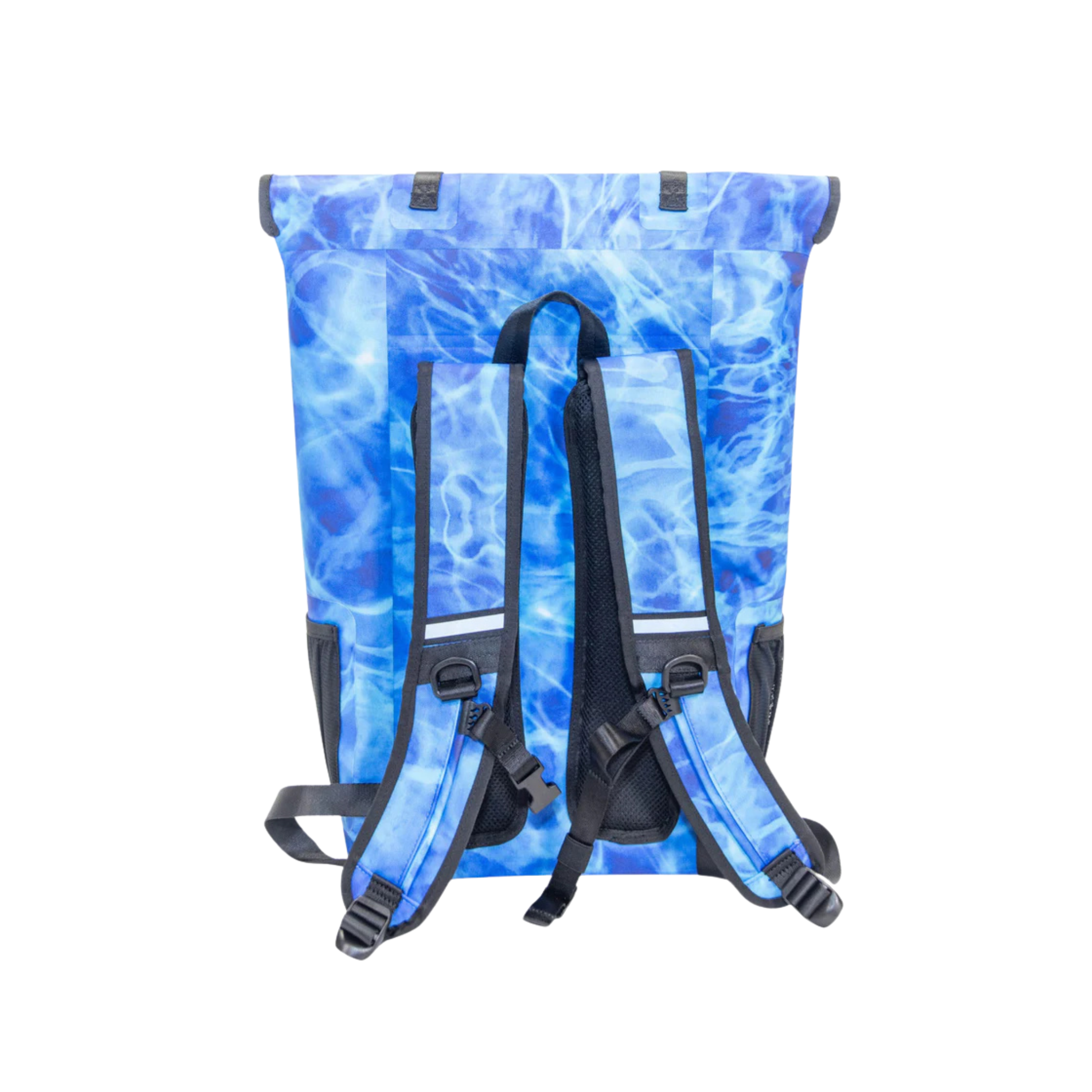 Aqua blue Dry Pocket waterproof floating backpack cooler with adjustable straps and multiple compartments, designed for outdoor adventures.
