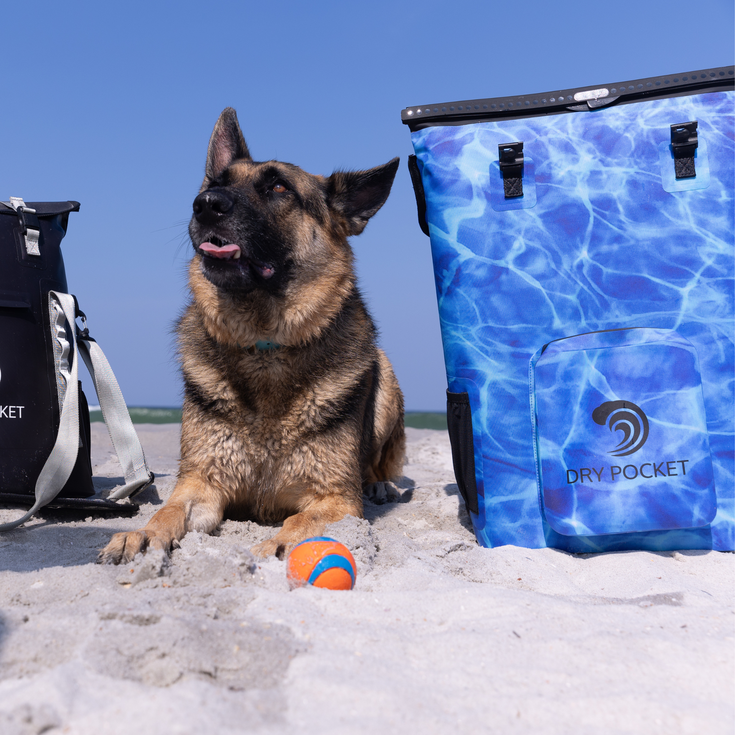 Aqua blue Dry Pocket waterproof floating backpack cooler with adjustable straps and multiple compartments for outdoor adventures.