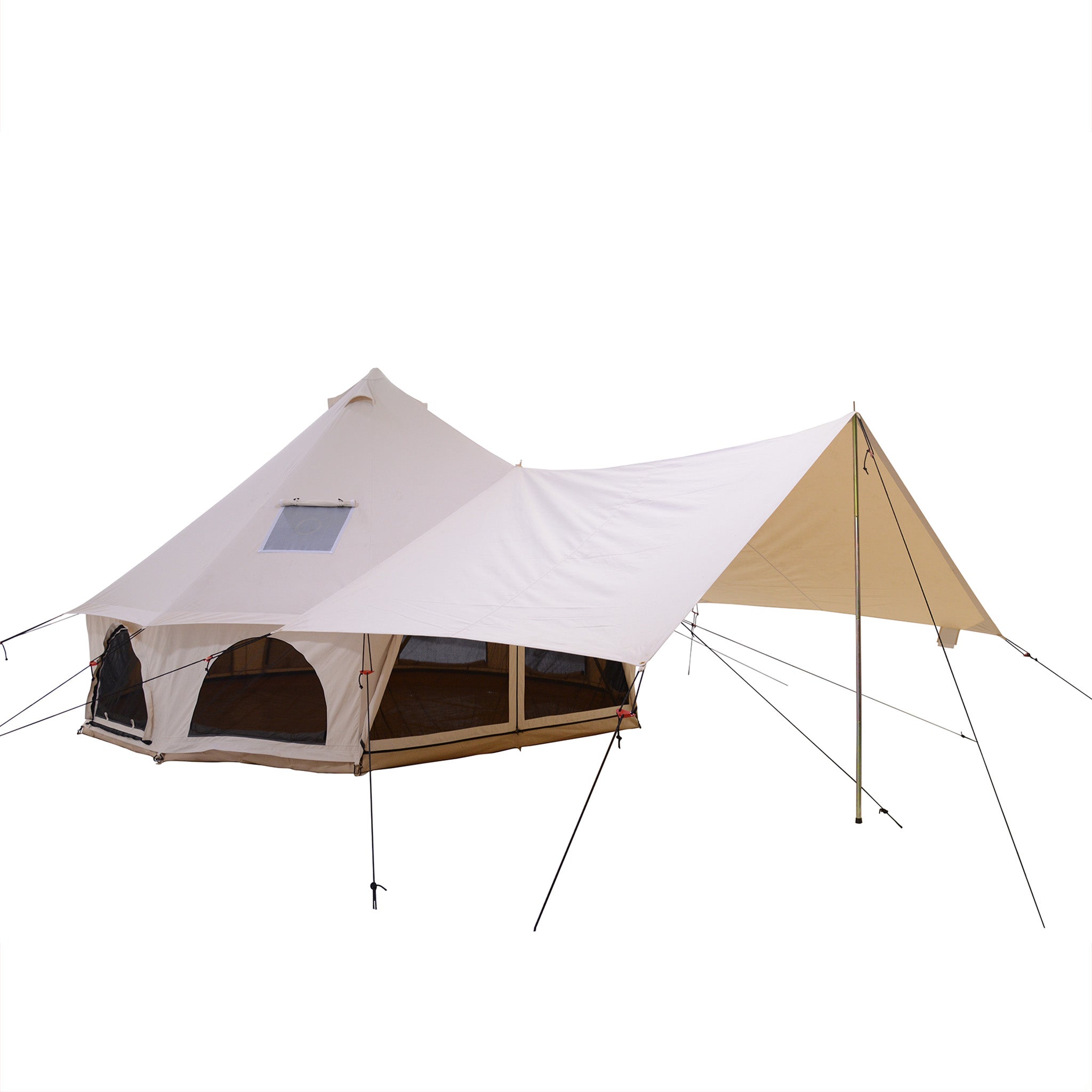 White Duck Outdoors Regatta awning attached to a bell tent, providing extra shaded outdoor space and weather protection.