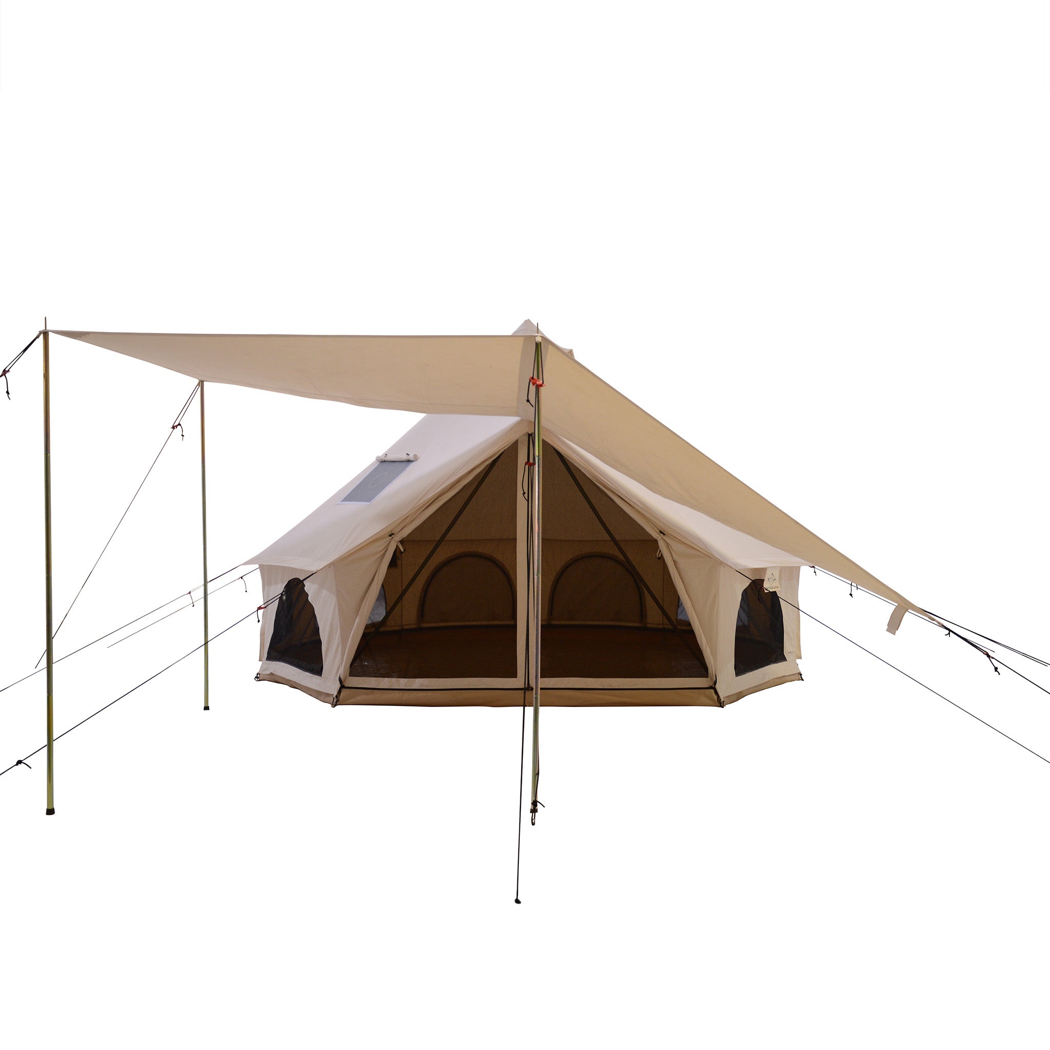 White Duck Outdoors Regatta bell tent awning partially opened, showcasing durable fabric and spacious outdoor shelter attachment.