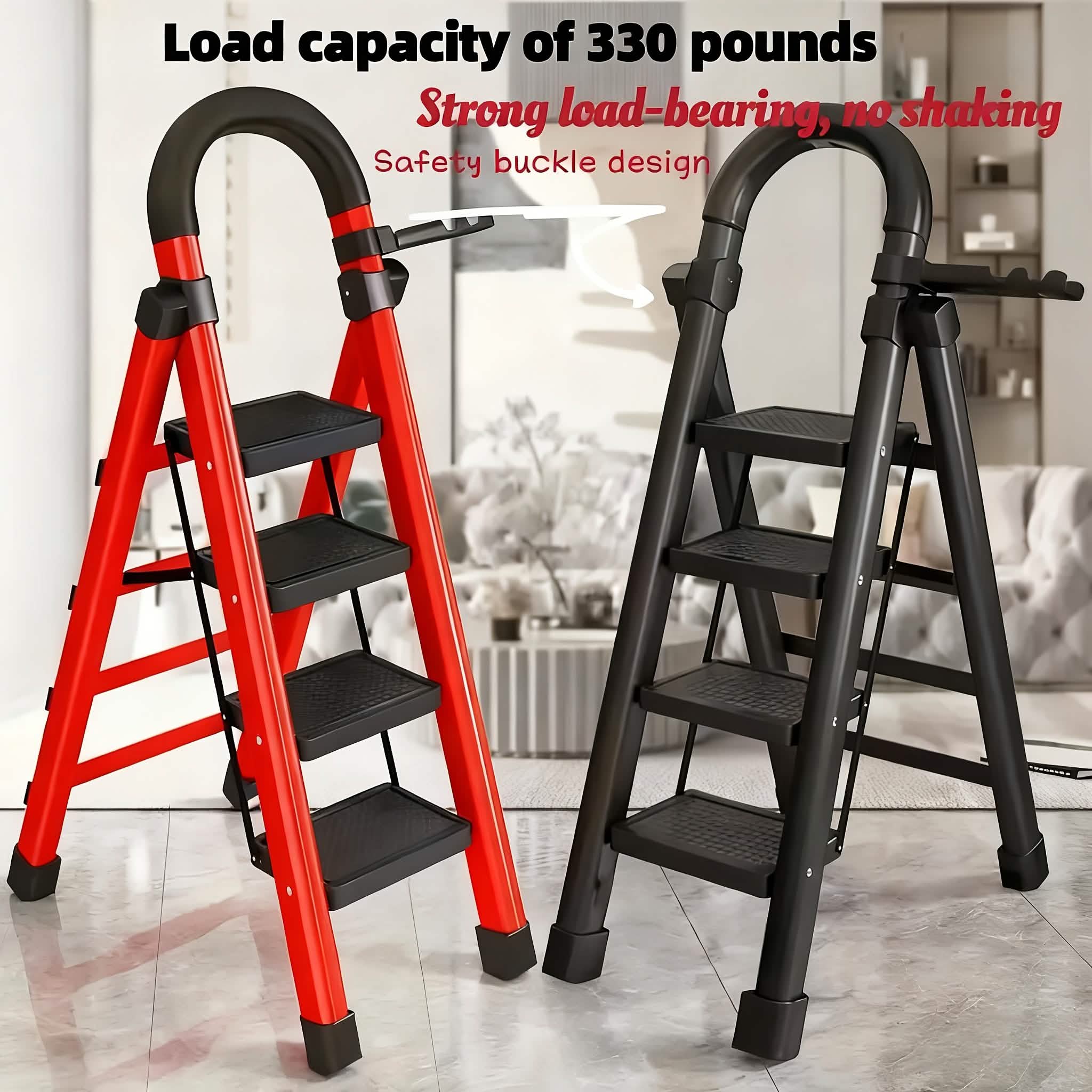 Portable steel folding 3/4-step ladder with anti-slip steps, ideal for kitchen use and household tasks.
