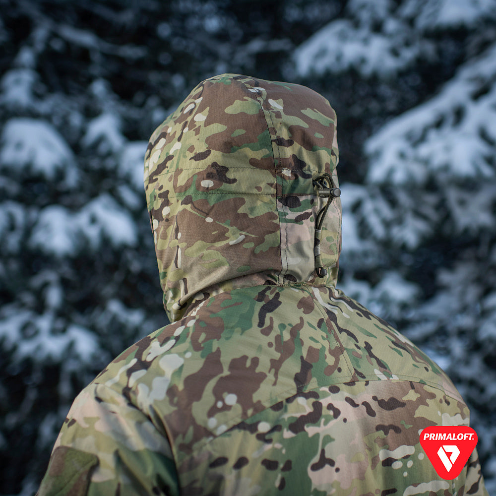 M-Tac Winter Jacket Alpha Gen.IV Pro Primaloft with insulated design, featuring a hood, multiple pockets, and durable fabric.