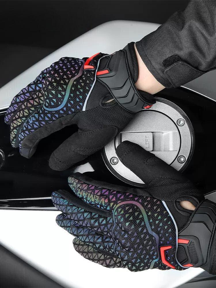 VEMAR™ Night Elf Reflective motorcycle gloves by Bean's Moto Booth showing black gloves with reflective accents and secure wrist straps.