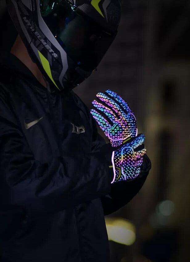 VEMAR™ Night Elf reflective motorcycle gloves with black and neon accents, designed for safety and visibility while riding.