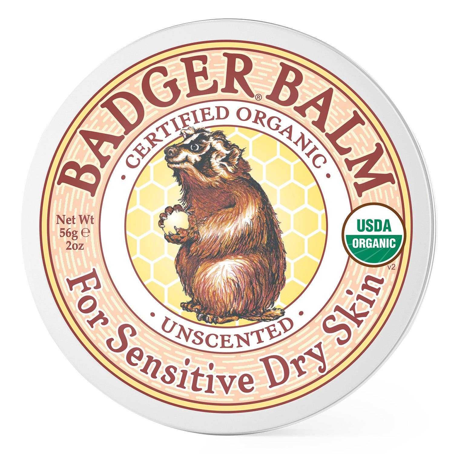 Unscented Badger Balm by Slowly, natural skincare balm in a small metal tin with a smooth, creamy texture.