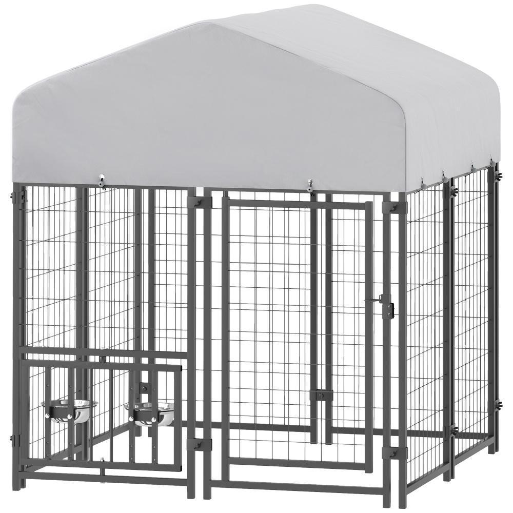 Welded Wire Dog Kennel with 360 Rotating & 4 Levels Adjustable Bowls, Waterproof Cover, 3.9 X 3.9 X 4.5 - OVERLANDERS Outfitter