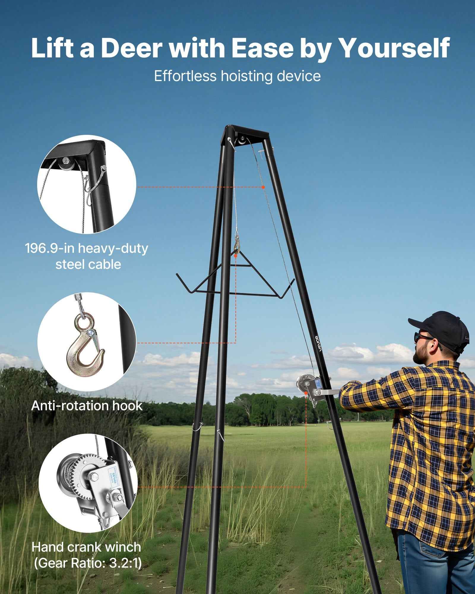 Tripod Deer Hoist, 500 Lbs Load Capacity, Hunting Game Hoist Winch Lift With Gambrel & Manual Winch, Hunting Game Skinning And Cleaning Accessory For Cleaning, Skinning, And Moving, Black - OVERLANDERS Outfitter