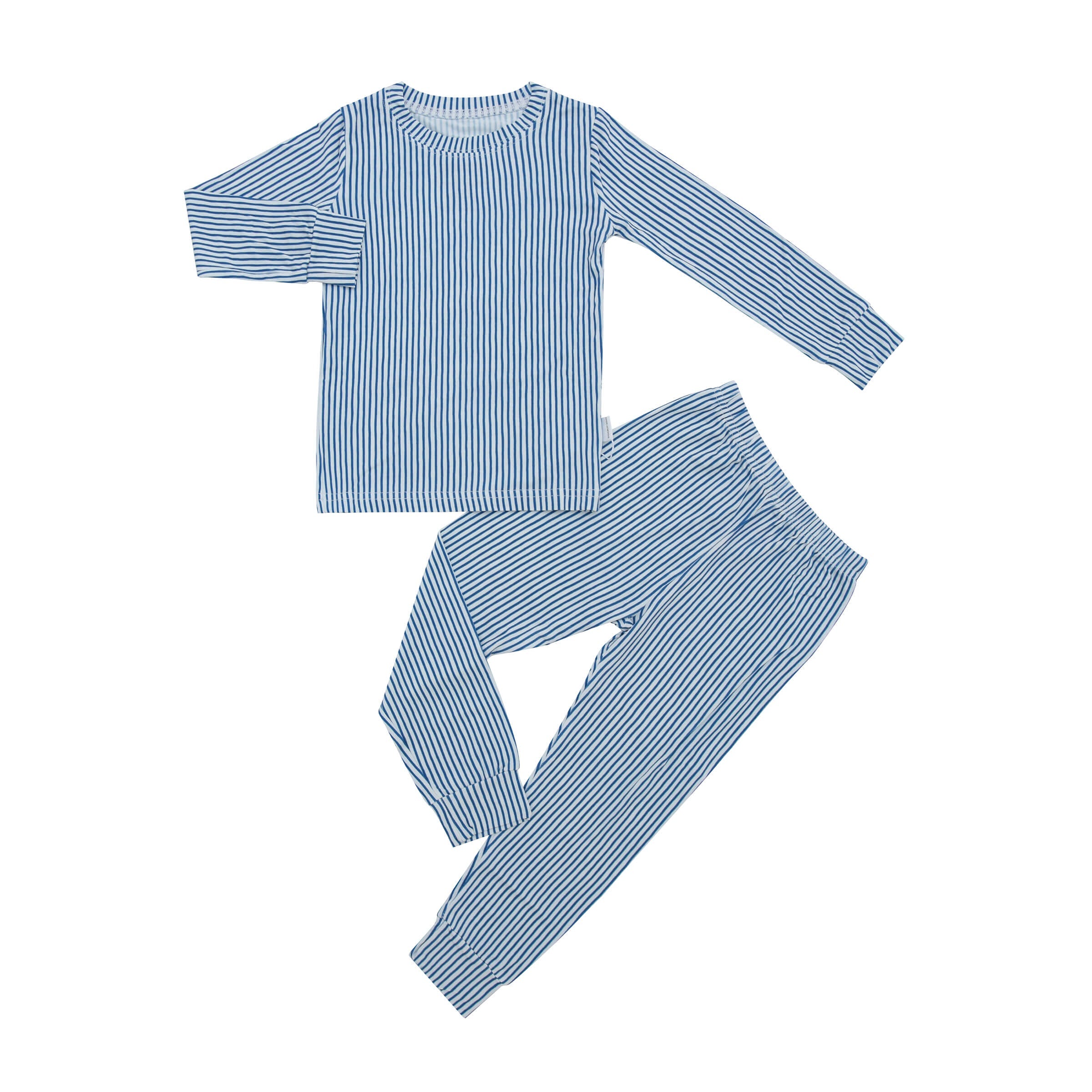 Basically Soho Miami Cabana Stripe two-piece set featuring navy and white striped pajamas with a relaxed fit and comfortable fabric.