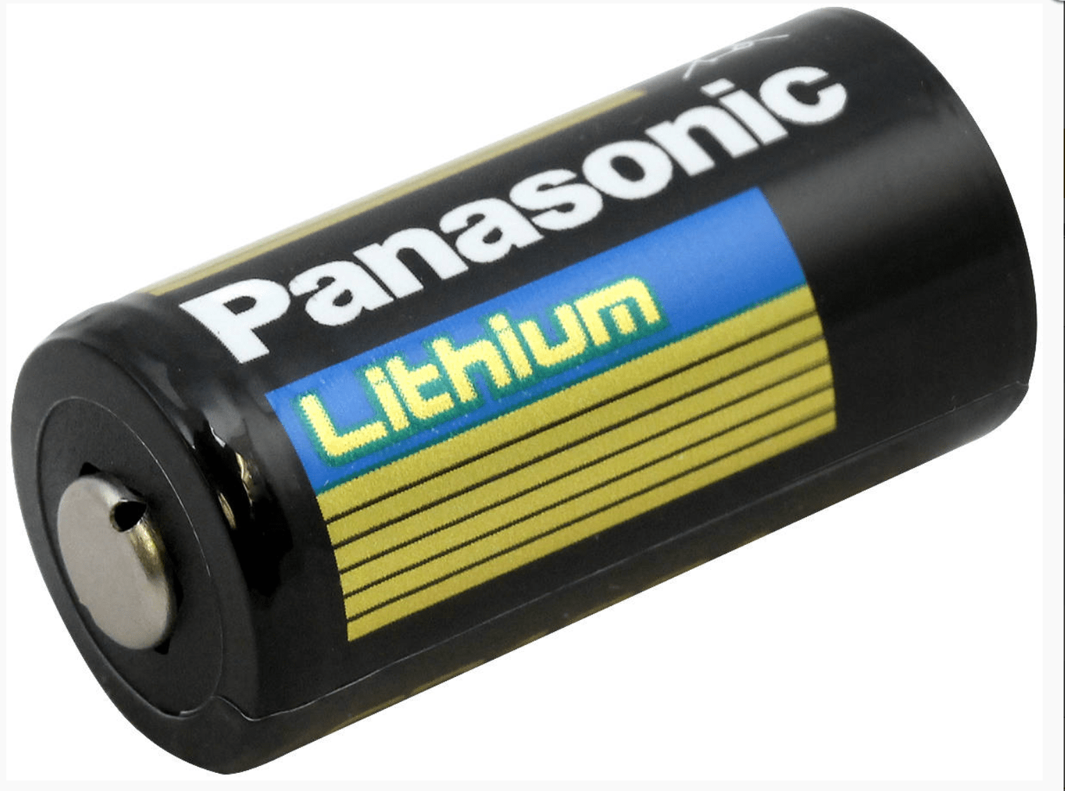 Two Panasonic CR123A 1550mAh 3V lithium batteries in packaging, ideal for various electronic devices.