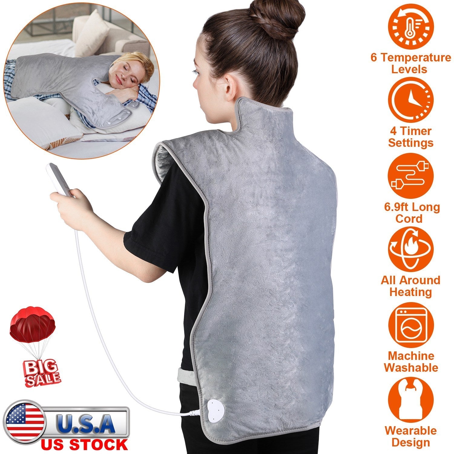 36.6x22in Electric Heating Wrap for Neck Shoulder Fast Heating Pad Mat Heated Neck Wrap for Back Pain Relief with 6 Temperature Settings 4 Timer Modes - OVERLANDERS Outfitter