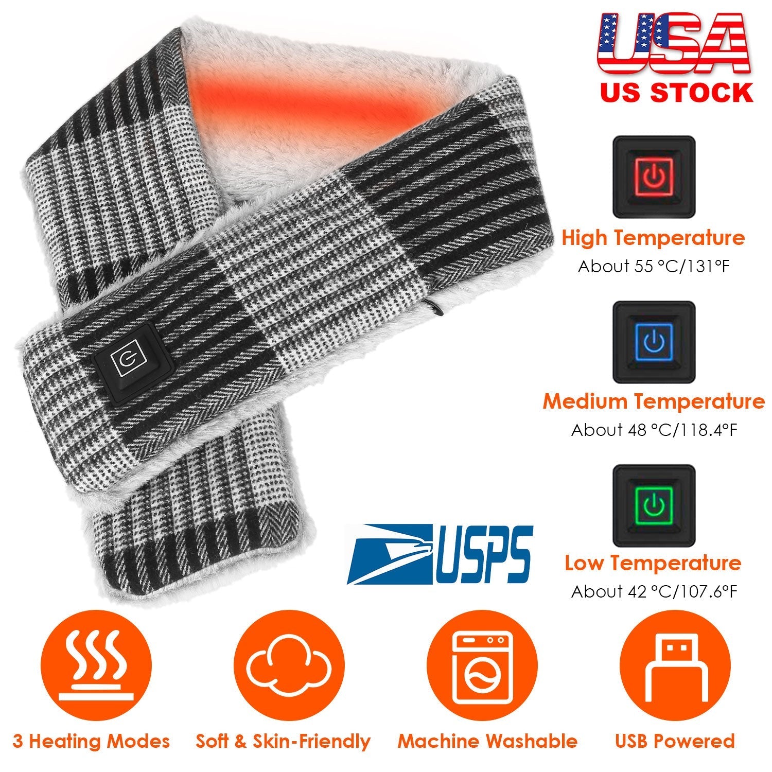 Electric Heated Scarf USB Heating Neck Wrap Unisex Winter Heated Neck Shawl Soft Warm Scarves w/ 3 Heating Modes - OVERLANDERS Outfitter