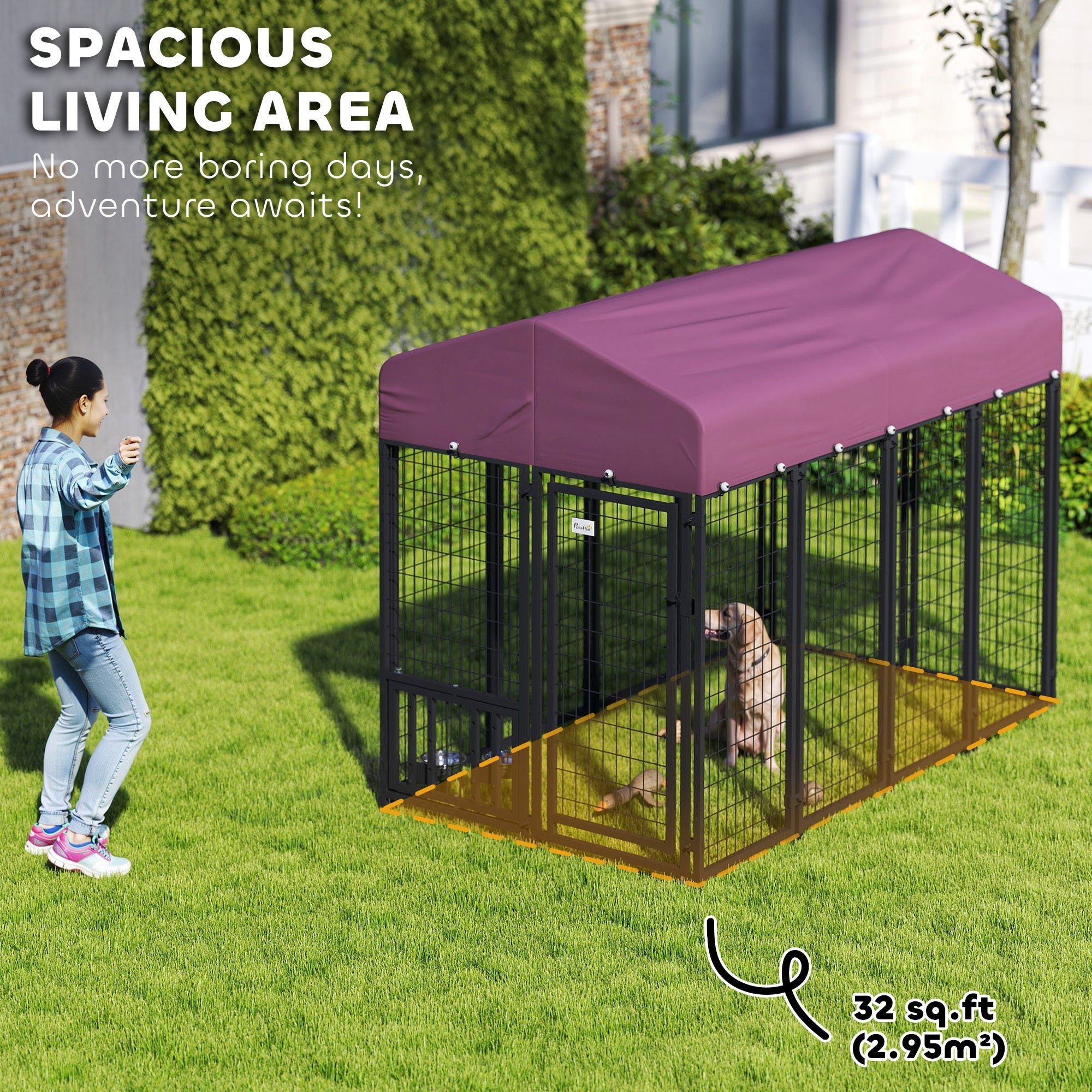 Welded Wire Outdoor Dog Kennel with 360° Rotating & Adjustable Bowls, Waterproof Cover, 7.9 x 4 x 6 ft - OVERLANDERS Outfitter