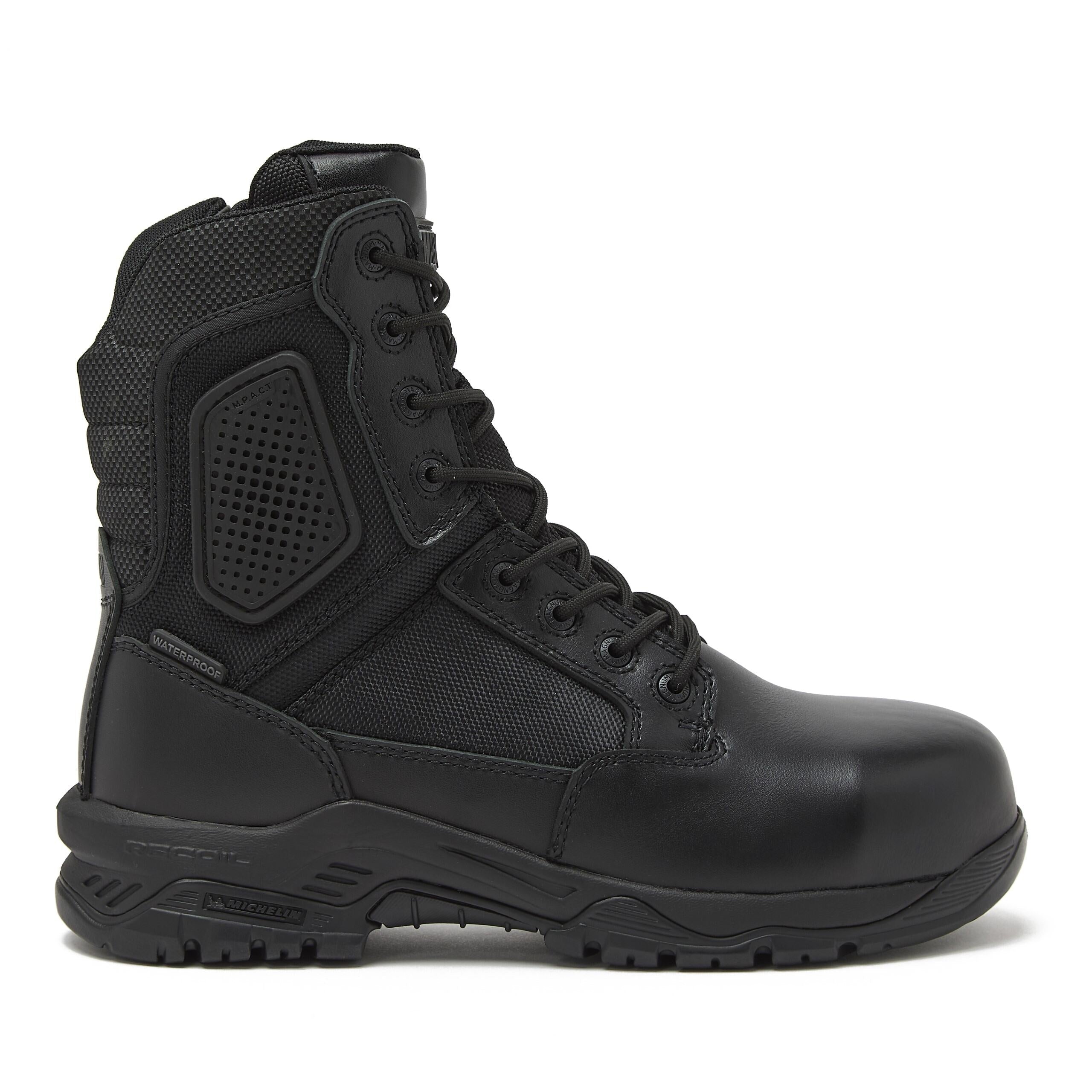 Magnum Boots Strike Force 8-inch waterproof tactical combat boots with reinforced toe and rugged soles.