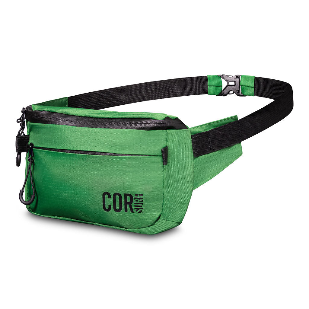 Green COR Surf fanny pack with belt, compact 1L cross-body hip pack, ideal for carrying essentials on the go.