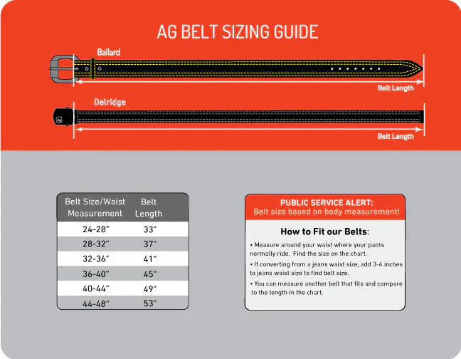 ZEITBIKE Alchemy Goods Delridge Military Belt size chart showing various belt lengths and measurements for the durable leather belt