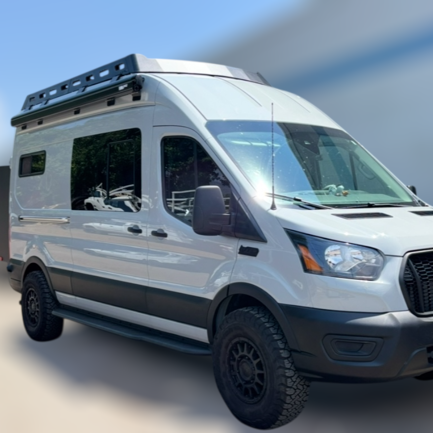 Pioneer Transit Roof Rack by Avatar Offroad installed on a vehicle, showcasing durable metal construction for carrying cargo on the roof.