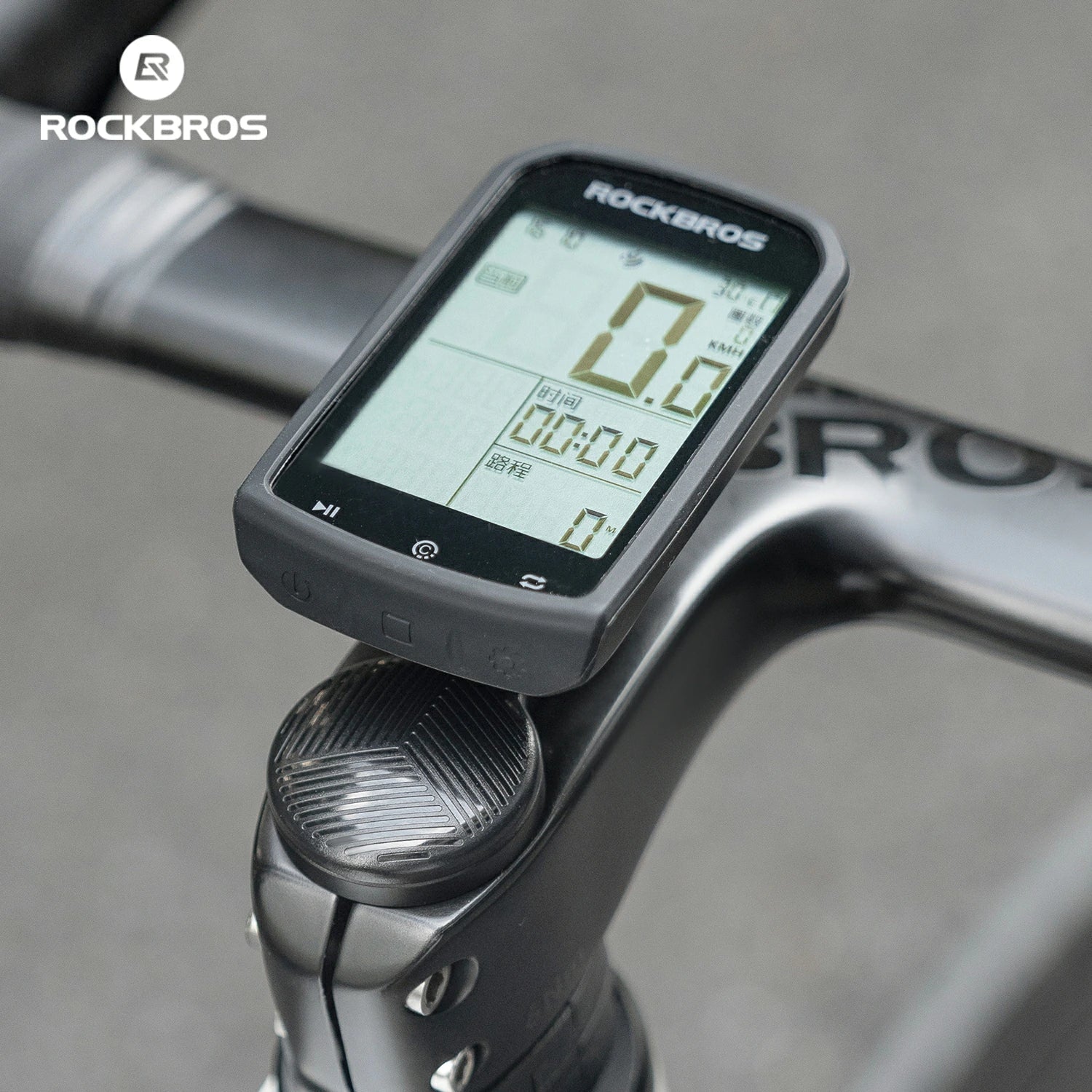 ROCKBROS-US adjustable headset cap bike computer mount attached to a bicycle handlebar for secure device holding.