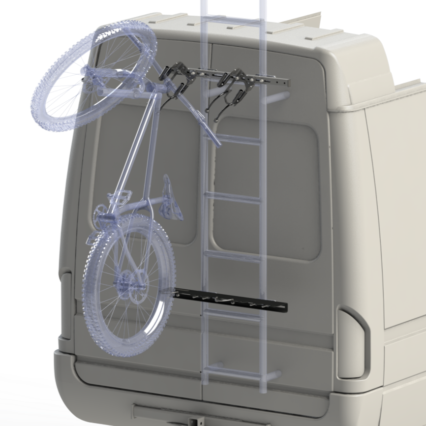 Lolo Racks bike rack kit for rear van ladder, designed to securely hold bikes on the back of a vehicle with ladder access.