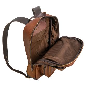 Backcountry Sportsman Bison Leather Standard Backpack with adjustable straps and multiple compartments, shown on a plain background.