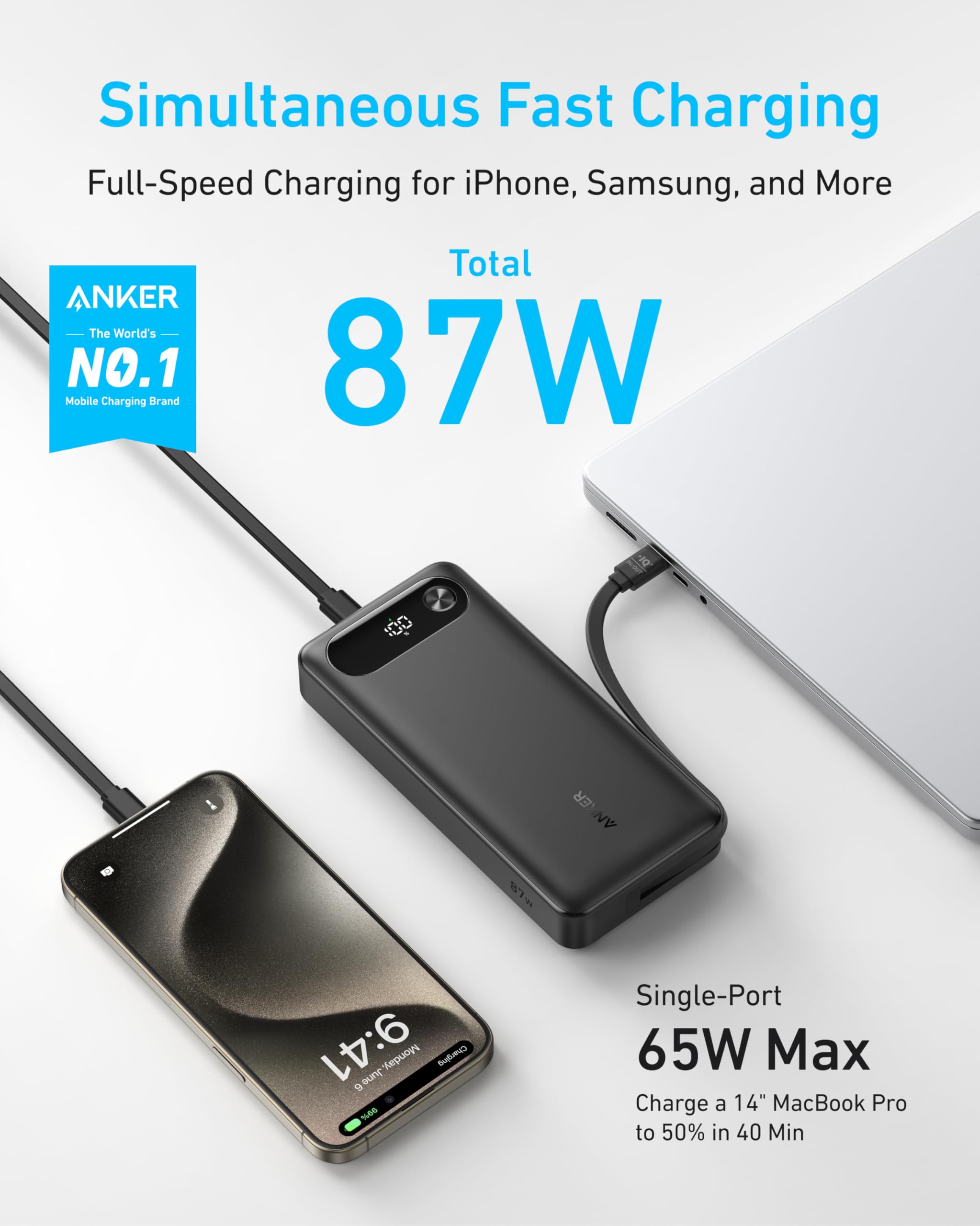 Black Anker Power Bank with 20,000mAh capacity, 87W charging, and built-in USB-C cable for portable device charging.