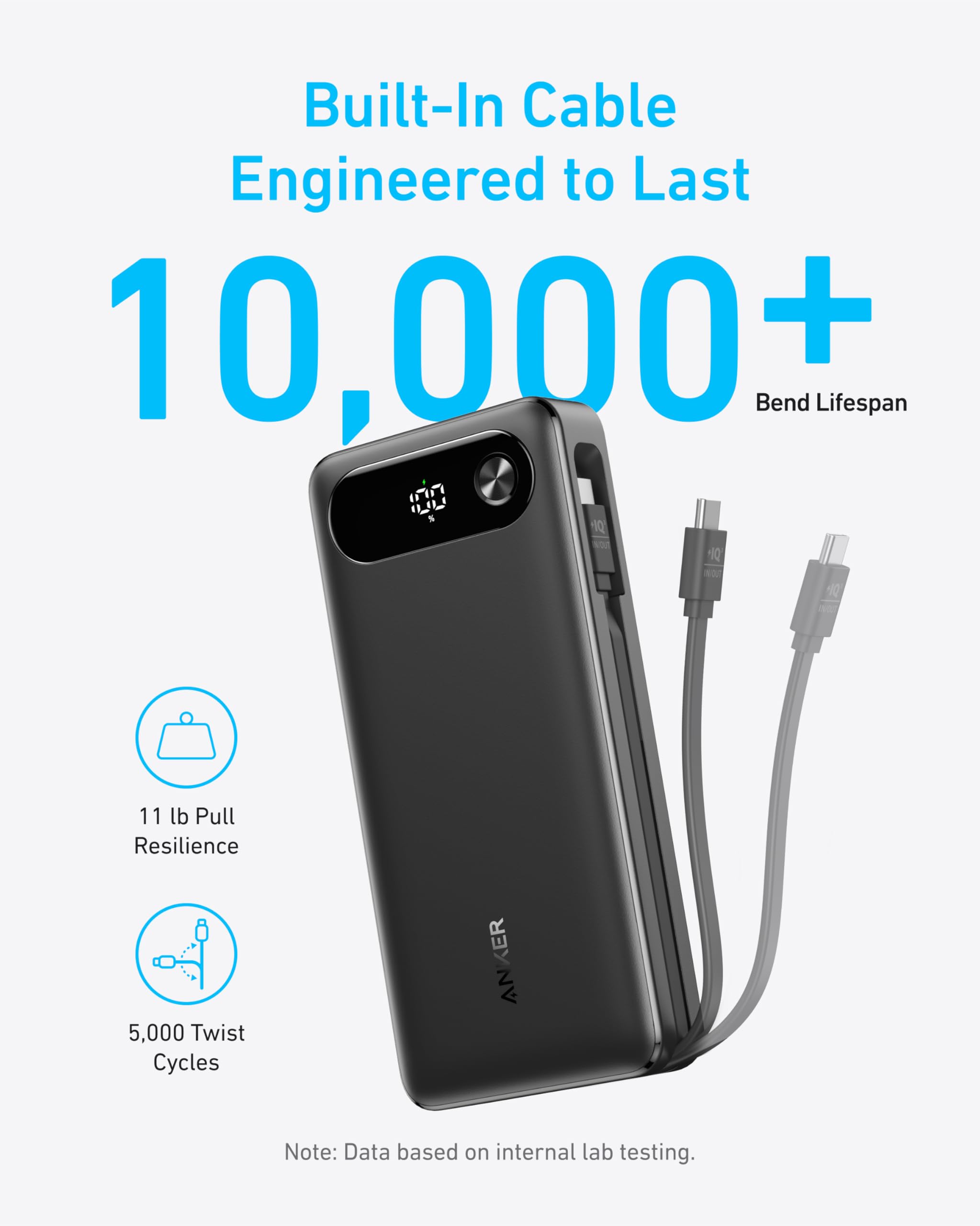 Black Anker Power Bank 20K with 87W output and built-in USB-C cable, portable portable device for fast charging.