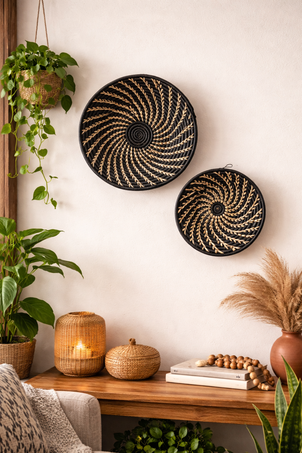 Large black and white woven African basket from Reflektion Design displayed on a wall, showcasing intricate craftsmanship and earthy tones.