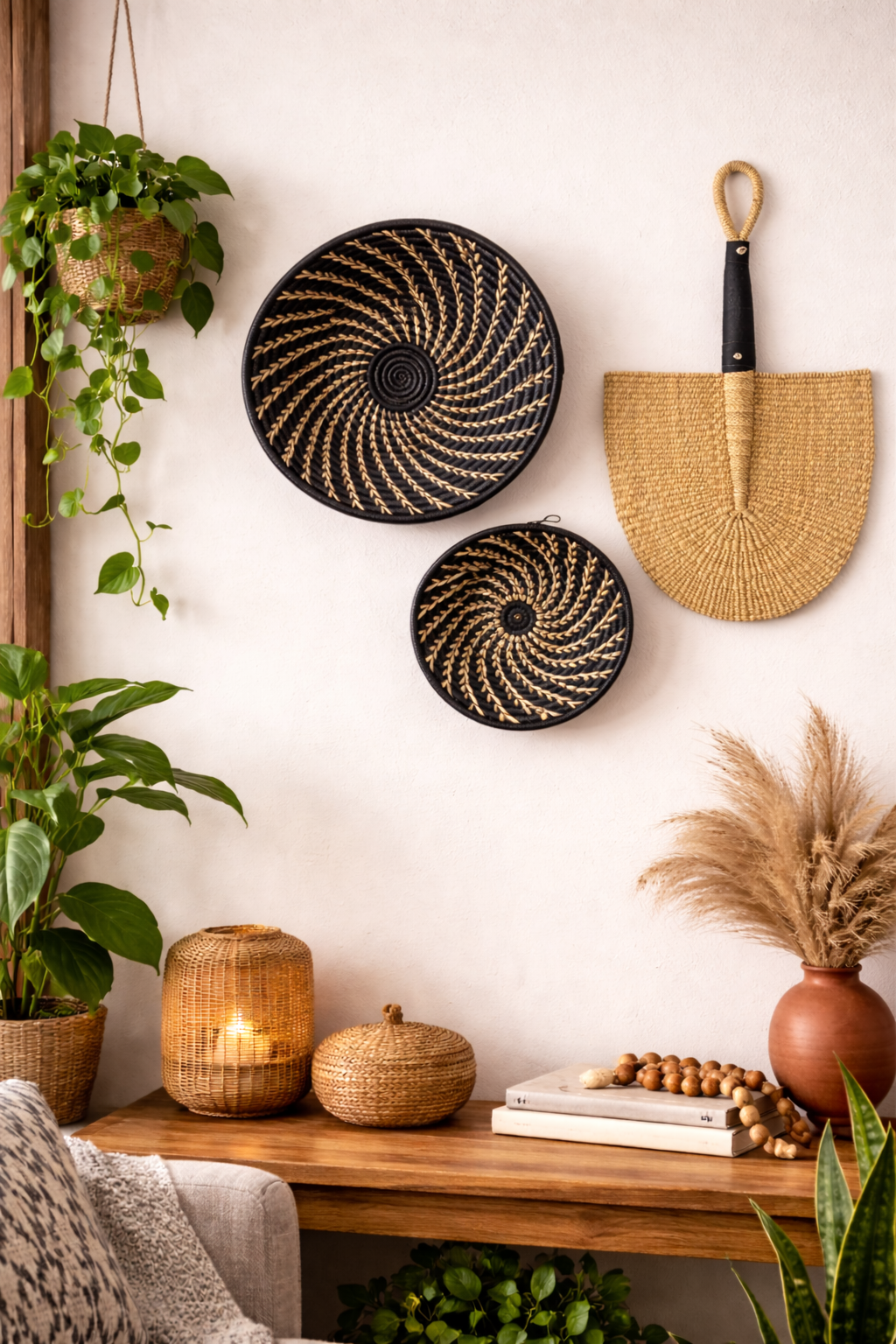 Large black and white woven African basket by Reflektion Design, displayed as a gallery wall with a woven fan.