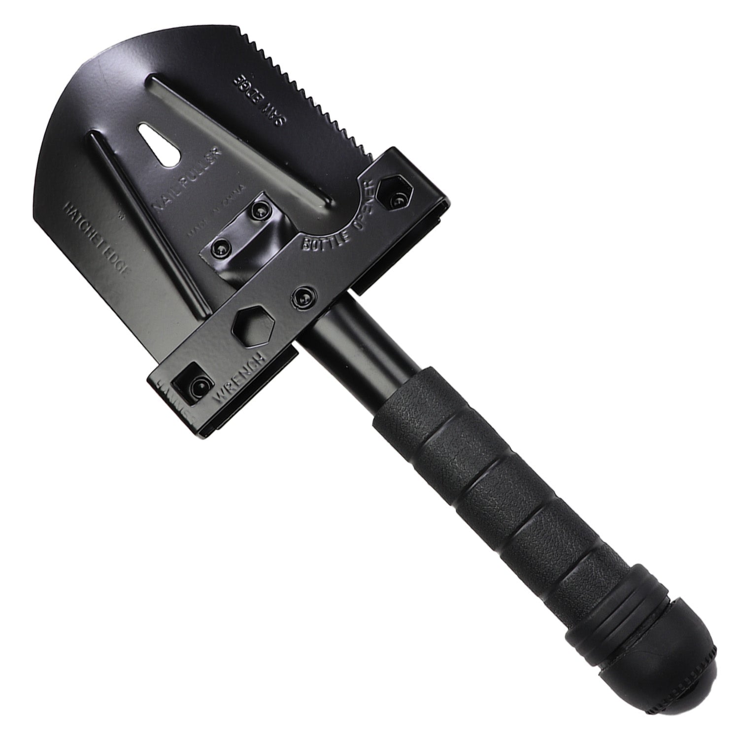 Black compact folding survival shovel with built-in compass, ideal for backpacking and camping, part of Quake Kits' multi-function tool collection.