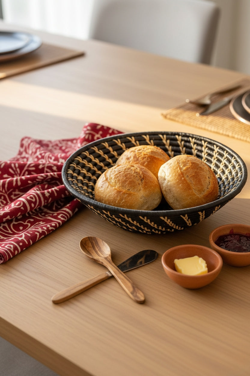 Large black and white woven African basket by Reflektion Design, displayed on a table with a red napkin.