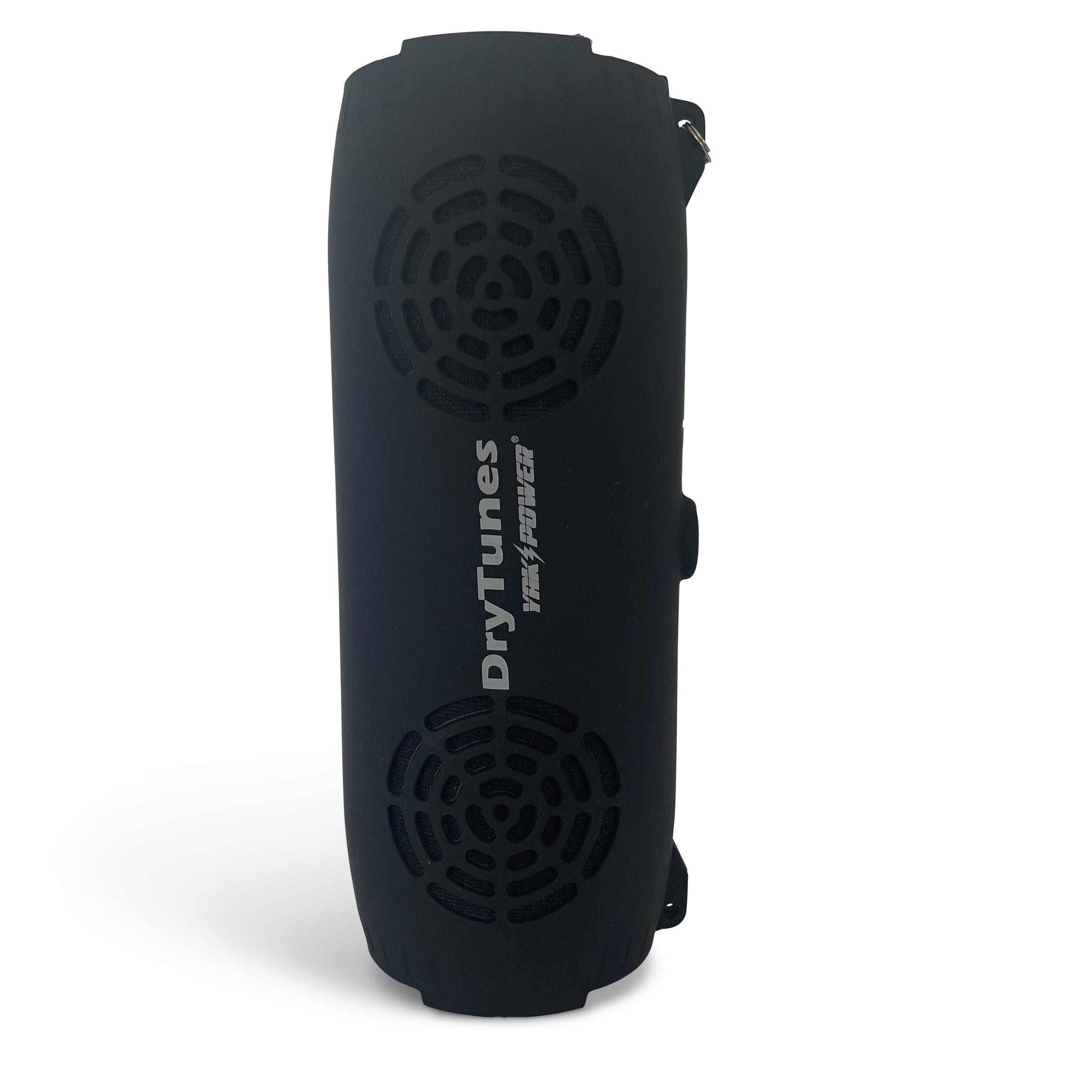 Black Drytunes waterproof Bluetooth speaker by Yak Power floating in water, showing its portable design and rugged waterproof features.