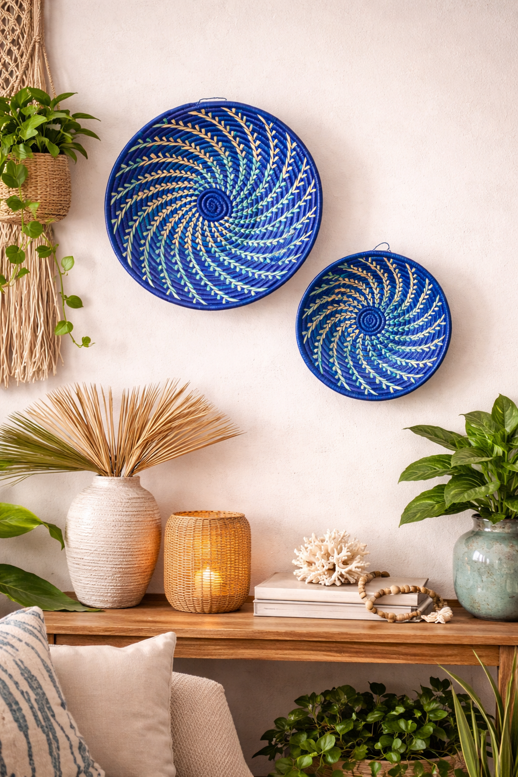 Large blue and white woven African basket by Reflektion Design, showcasing intricate pattern and craftsmanship.