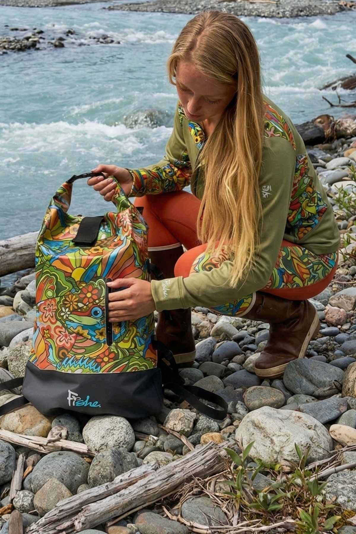 FisheWear Boho Bass Backpack Dry Bag with adjustable straps and waterproof material for outdoor adventures.