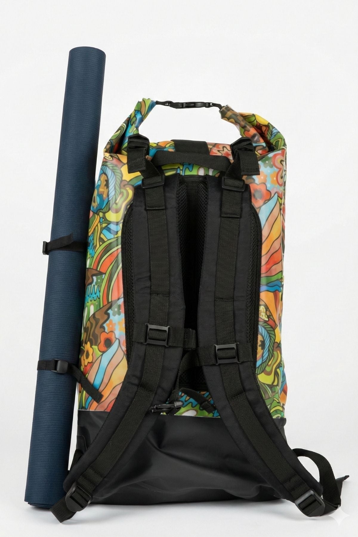 FisheWear Boho Bass Backpack Dry Bag showing a stylish, waterproof outdoor backpack with boho design for kayaking or camping.