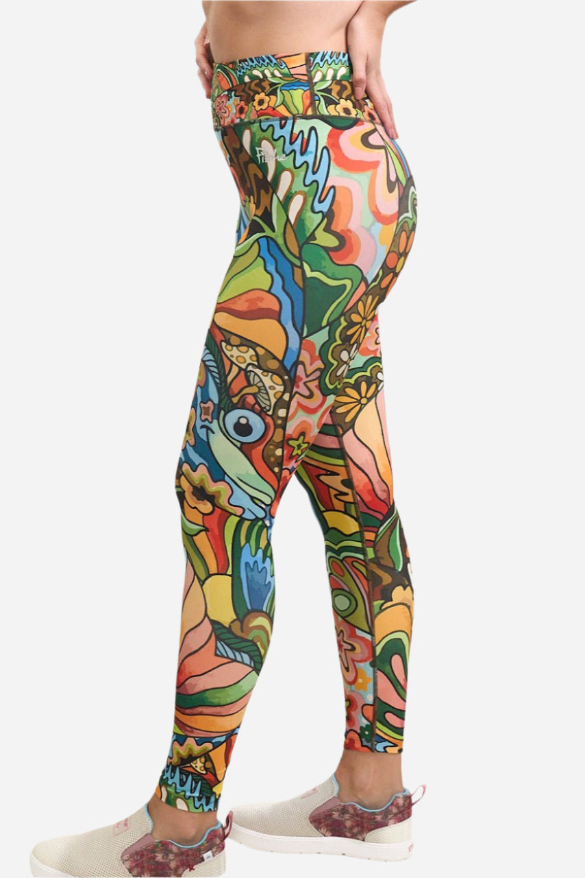 FisheWear Boho Bass high-waisted leggings with bohemian print, stretchy fabric, and comfortable fit for casual or active wear.