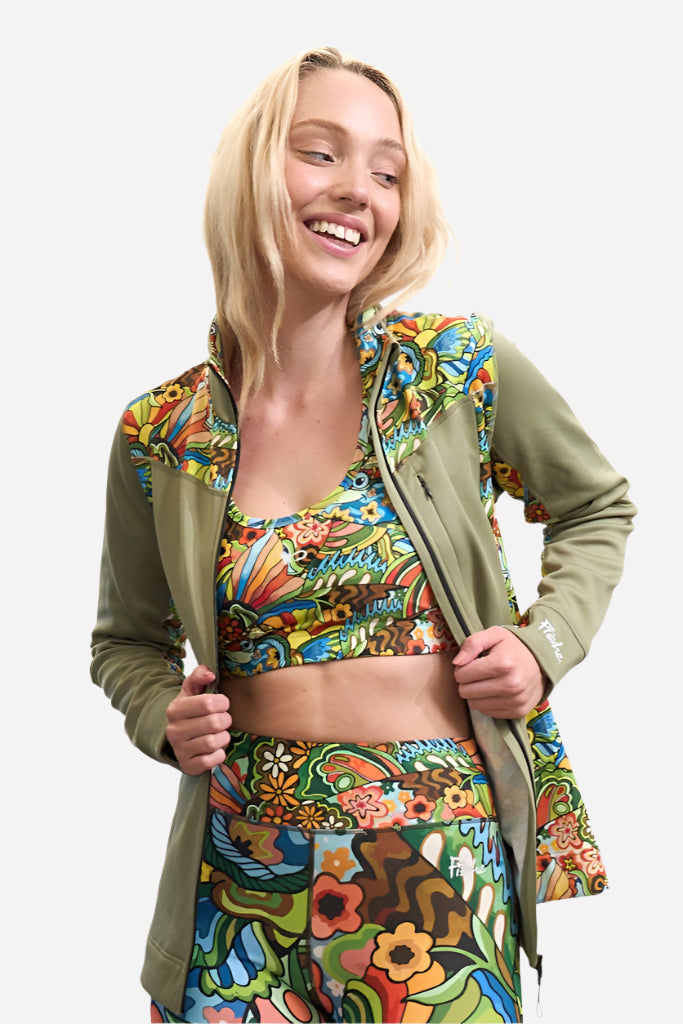 FisheWear Boho Bass Midlayer Jacket displayed flat with front view, featuring boho-inspired design and lightweight fabric.