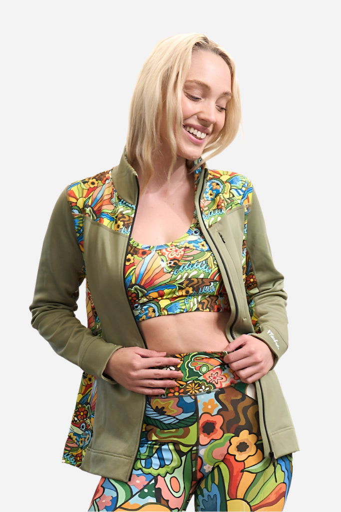 FisheWear Boho Bass midlayer jacket with a relaxed fit, featuring bohemian-style patterns and a zip-up front.
