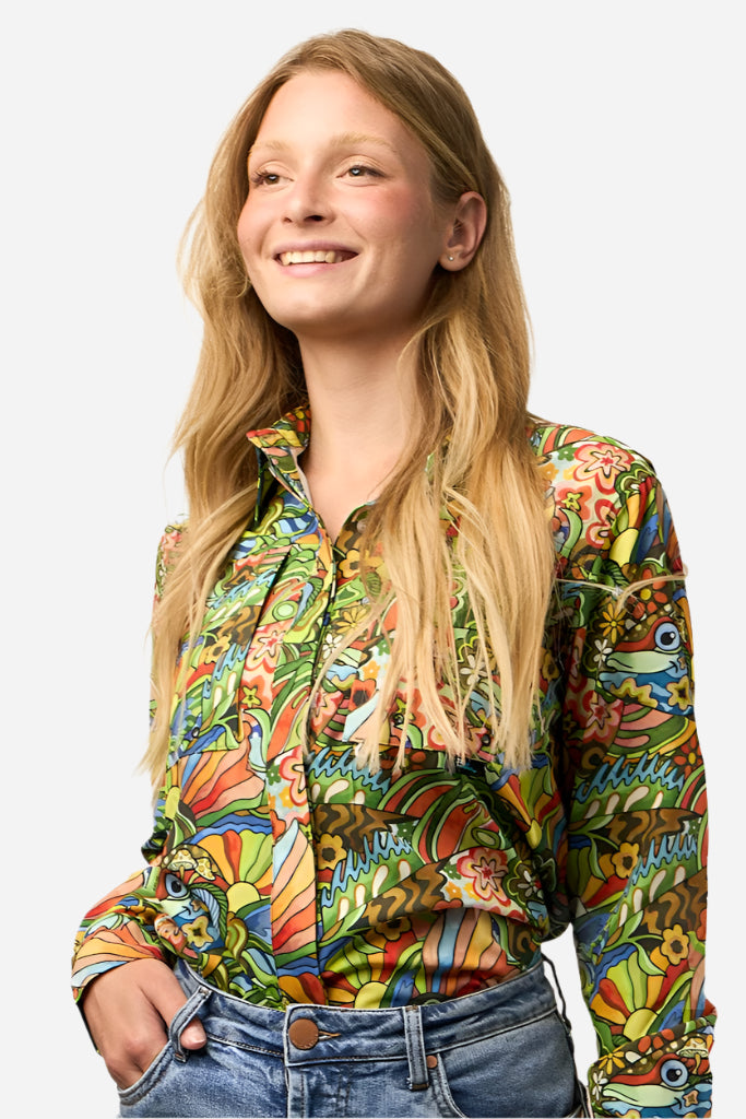 Boho Bass Tunic fishing shirt by FisheWear featuring a relaxed fit, bohemian style, and fishing-inspired design.